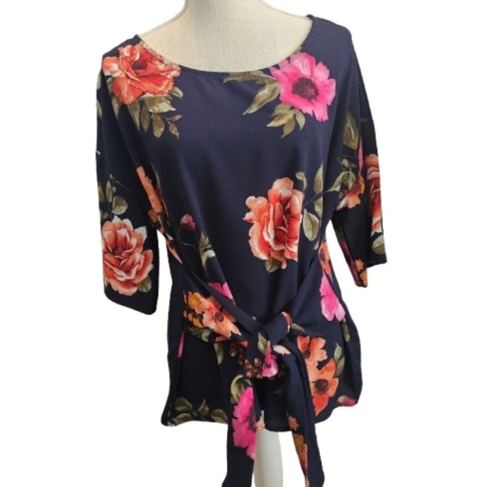 West Kei Floral Women's Top - Navy with Pink and Orange Flowers
